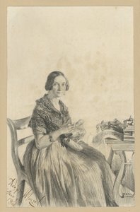 Pauline Martini, född Dambke, sittande vid bordet, med blicken riktad mot betraktaren av Adolph Menzel