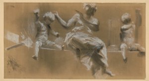 Relief på en taklist, allegorisk kvinnlig figur flankerad av putter som symboliserar måleriet (höger) och skulpturen (vänster), jfr kat. 159 av Adolph Menzel