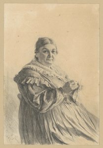 En sittande äldre kvinna med stickad strumpa av Adolph Menzel