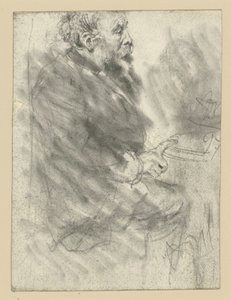 En sittande, skäggig man, vänd mot höger, med höger hands pekfinger utsträckt och vilande på bordsskivan av Adolph Menzel
