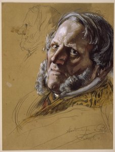 Statsminister von Patow, bröstbild, 3/4 framifrån, vänster: huvudet i profil åt vänster, porträttstudie till ”Wilhelm I:s kröning i Königsberg” av Adolph Menzel