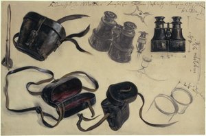Studie efter fältmarskalk greve von Moltkes kikare, fodral och detaljer, med anteckningar av Adolph Menzel