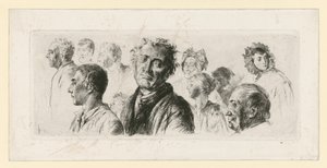 Skissblad från dårhuset. Tio huvuden, de flesta vända åt vänster av Adolph Menzel