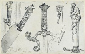 En ängskniv från slutet av 1500-talet, ett jaktvärd från första hälften av 1600-talet samt ”Permoser”-hjortkniven från början av 1700-talet, Historiska museet, Dresden av Adolph Menzel