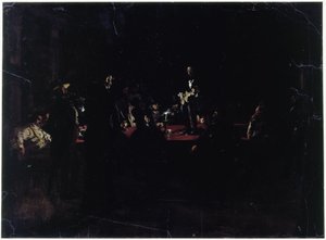 Festdeltagare runt ett stort bord och en sångare av Adolph Menzel