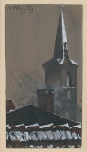 Snötäckt tegeltak och kyrktorn av Adolph Menzel