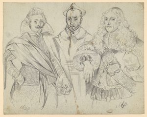 Två högt uppsatta personer från åren 1620 och 1660, med en kardinal i mitten. Kopior efter historiska avbildningar av Adolph Menzel