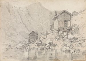 Hus vid stranden, Gudvangen av Adolph Tidemand