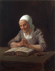 Gammal kvinna som läser (olja på panel) av Adolph Tidemand