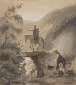 Ryttare, kvinnor och barn vid en bäck av Adolph Tidemand