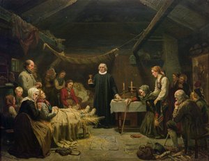 Den sjuka björnjägaren. Det sista sakramentet av Adolph Tidemand