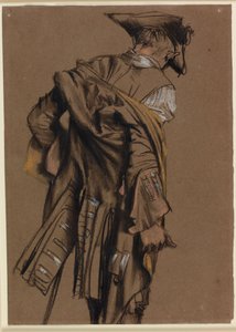 Konstnärsmodell, sett bakifrån, iklädd 1700-talsuniform av Adolph Menzel