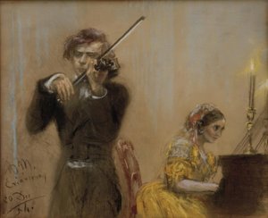 Clara Schumann och Joseph Joachim gör musik av Adolph Menzel