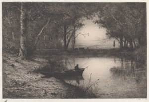 En fiskare i en trädbevuxen damm på kvällen av Adolphe Appian