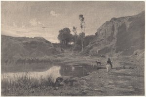 En ryttare vid en bergsdamm vid solnedgången av Adolphe Appian