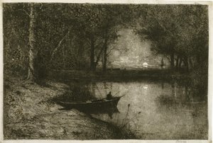 Fiskare i en roddbåt vid kanten av en flod av Adolphe Appian