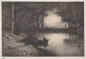 Fiskare i en båt vid en flodstrand av Adolphe Appian