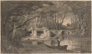 Skogbevuxen damm vid den antika slussan i Levaux nära Vienne av Adolphe Appian