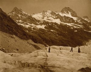 Alpinlandskap, Tre vandrare på en glaciär, 1860-talet (koltryck)
