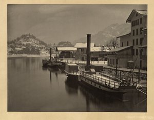 Ångbåtar på sjön i vinterförtöjning, Schweiz