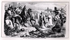 St. Loup försvarar staden Troyes mot Hunnen Attila (c.406-453) på sin häst, illustration från Frankrikes historia, 1800-talets andra hälft (bw foto) av Adolphe Francois Pannemaker