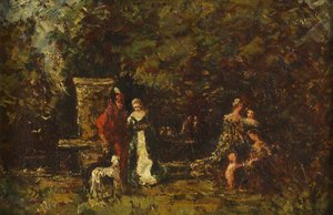 Elegant Figures in a Woodland Glade, ca 1860-80 (olja på panel) av Adolphe Joseph Thomas Monticelli