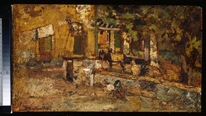 Gård med en åsna och tuppar av Adolphe Joseph Thomas Monticelli