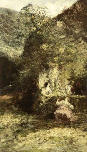 Figurer nära en fontän av Adolphe Joseph Thomas Monticelli