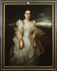 Porträtt av en dam som bär en vit klänning broderad med pärlor av Adolphe Joseph Thomas Monticelli