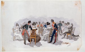 På en bal (At A Ball). Runt dansgolvet i bakgrunden sitter kvinnor klädda i kläder på stolar och chattar med officerare. Målning av Adolphe Ladurner (1798-1856), akvarell på papper, cirka 1830. Fransk konst