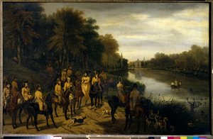 Jakt: "" Jakten vid Comelles dammar"" Målning av Adolphe Ladurner (1798-1856) 1829 Sön. 0,82x1,3 m Chantilly, Grevemuseet