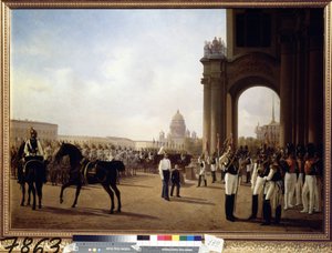 Militärparad på Palace Square i Sankt Petersburg (Parad på Palace Square i Sankt Petersburg). Målning av Adolphe Ladurner (1798-1856), olja på duk