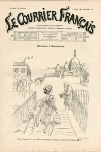 Omslag till "" Le Courrier francais", nummer 5, satirisk i svartvitt av Adolphe Leon Willette