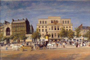 Allmän vy av teatrarna i boulevard du templet före piercingen av Boulevard Prince Eugene, detalj av de parisiska Caleches framför Imperial Theatre. Målning av Adolphe Potemont (1828-1883)