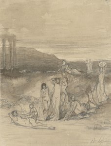 Klassiskt landskap med liggande, stående och sittande nakenfigurer och en tempelruin av Adolphe René Lefèvre