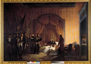 Italiens första fälttåg (1796-1797): "" Napoleon Bonaparte (1769-1821) mottog i Millesimo Austrosard-flaggorna tagna vid slaget vid Montenotte och erövringen av Cossaria presenterade av generalerna Marmont och Jean Andoche Junot (Jean-Andoche) ( 1771-1813)
