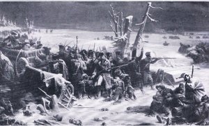 Marskalk Ney stödjer bakvakten under reträtten från Moskva, illustration från Landmarks in European History publicerad av Gresham Publishing Co, ca 1920 (lito) av Adolphe Yvon