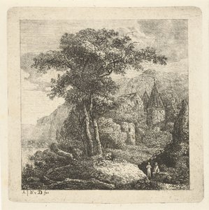 Bergigt landskap med träd, slott och två figurer av Adriaan Jacob Willem van Dielen