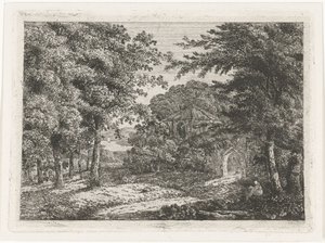 Landskap med kapell bland träd och munkläsning av Adriaan Jacob Willem van Dielen