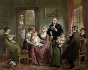 Porträtt av familjen Adrianus Bonebakker med Dirk L. Bennewitz Porträtt av familjen Adrianus Bonebakker och hans partner D.L. Bennewitz av Adriaan de Lelie (signed by artist)