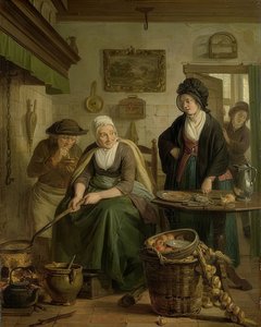 Kvinna som bakar pannkakor. Omkring 1790-1810