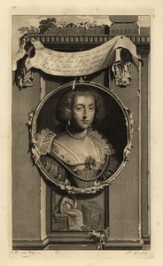 Elisabeth Stuart, drottning av Böhmen, kurfursten av Pfalz, hustru till Fredrik V, vinterkungen. Elisabeth, Reine de Boheme. I klänning med ganska skurna ärmar, spetskrage med pärlor. Vinjett av kvinna som funderar över en fallen krona. Koppargravyr