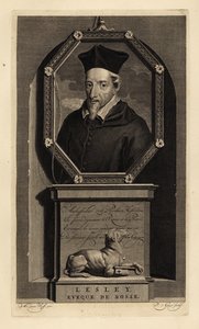 John Lesley, skotsk historiker och biskop av Ross. Biskop av Rosse. Hund med nyckel. Kopparstick av Pieter Stevens van Gunst efter Adriaen van der Werff från Isaac de Larreys Histoire d