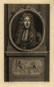 Kung James II av England, James VII av Skottland, Jacques II Roy d’Angleterre. I peruk, spetsduk, kedja med figur av St. George och draken. Vinjett visar en romersk kejsare som förlorar sin krona till en soldat. Kopparstick av Jean Audran efter Ad