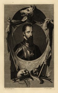 Porträtt av Ferdinand Alvarez de Toledo y Pimentel, 3:e hertigen av Alba, eller järnhertigen. I rustning med kedja av det gyllene skinnet. Med vargskinn, människoskallar, svärd, dolk och flintlåspistol. Ferdinand de Tolede, Duc d