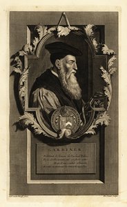Porträtt av Stephen Gardiner, biskop av Winchester och politiker. Med vapen. Kopparstick av Pieter Stevens van Gunst efter Adriaen van der Werff från Isaac de Larreys Histoire d