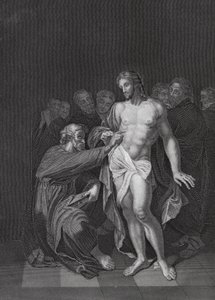 The Incrediulity of St Thomas, John, Ch 20, vs 26-29 (gravyr) av Adriaan van der (after) Werff