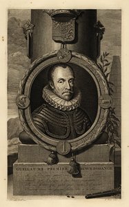 William I, Prince of Orange, William the Silent eller William the Tyse. Guillaume, Premiär Prince d’Orange. I rustning med spetskrage, vapen ovanför, flintlåspistol och blyhagel under. Kopparstick av Gerard Valck efter Adriaen va