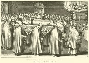 St Ignatius begravning i Santa Maria Della Strada (gravyr) av Adriaen (after) Collaert