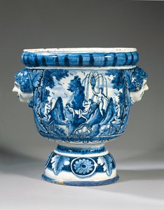 Delft blå och vit tvåskaft mytologisk piedestal trädgårdsurna av Adriaen (fl.1868 d.1701) (attr.to) Kocks